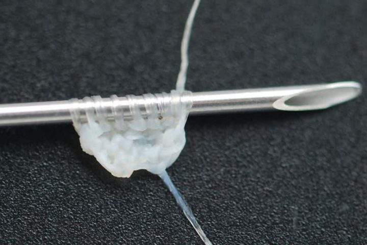 A stitched arrangement of yarn derived from human cells is shown.