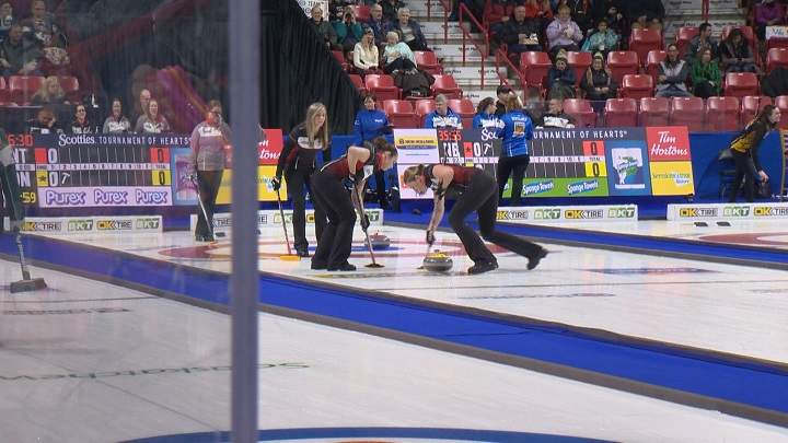 Sweepers Joanne Courtney and Emma Miskew at the Scotties Tournament of Hearts in Moose Jaw