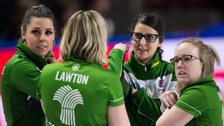 Saskatchewan team members Robyn Silvernagle, left to right, Stefanie Lawton, Jessie Hunkin and Kara Thevenot are seen during draw 1 against team New Brunswick at the Scotties Tournament of Hearts in Moose Jaw, Sask., Feb. 15, 2020 .