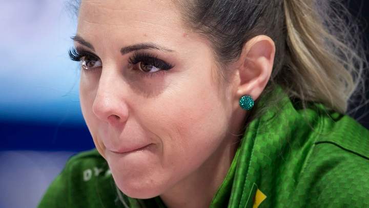 Team Saskatchewan skip Robyn Silvernagle pauses for a moment during draw 16 against Team P.E.I. at the Scotties Tournament of Hearts in Moose Jaw, Sask., Feb. 20, 2020. 