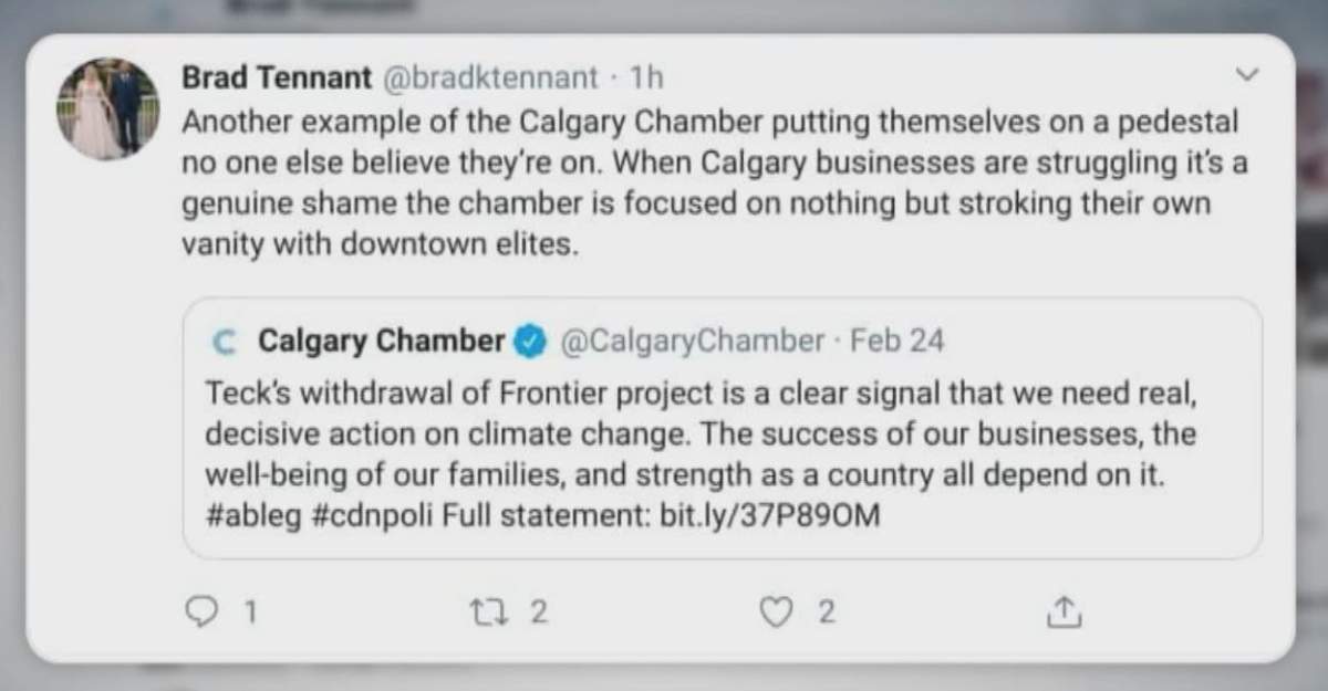 Tweet posted by Brad Tennant, executive director of the United Conservative Party.