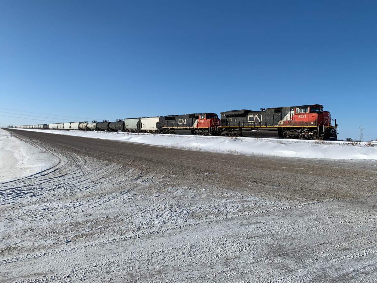 A train is seen stopped on the tracks west of Winnipeg.