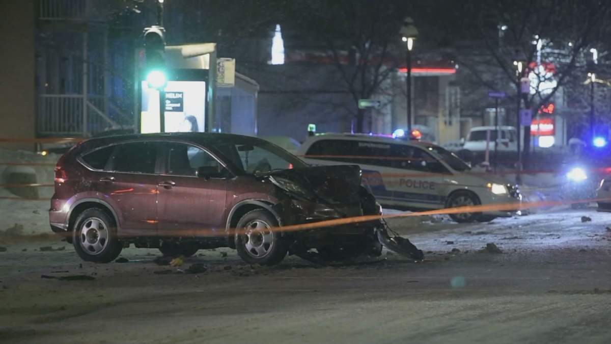Montreal police are investigating the cause of a crash that resulted in a 20-year-old woman walking on the sidewalk nearby being sent to hospital with serious injuries.