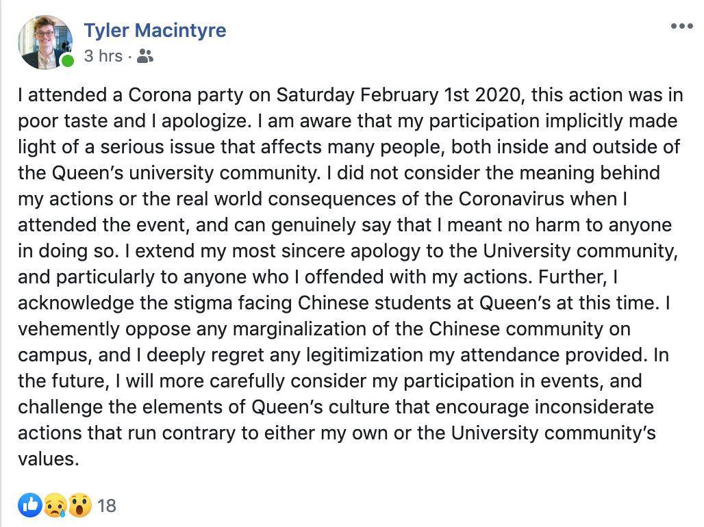 Queen’s student trustee resigns following attendance at coronavirus-themed party - image