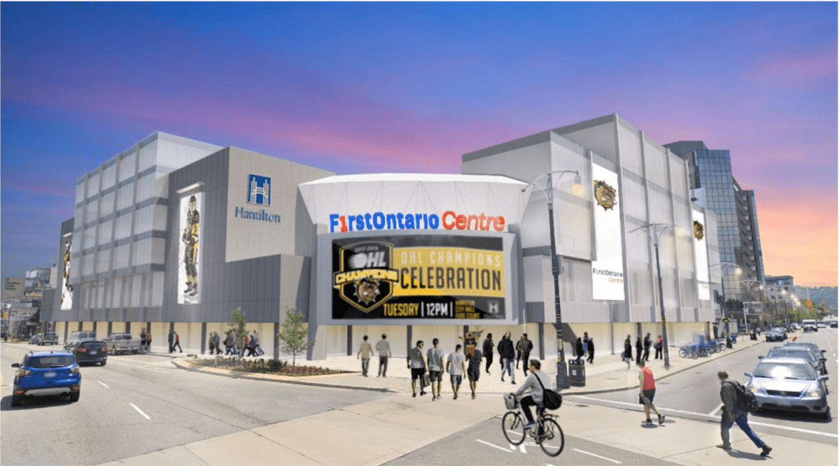 Vrancor groups vision of a revamped First Ontario Centre Arena on the corner of Bay Street and York Avenue.