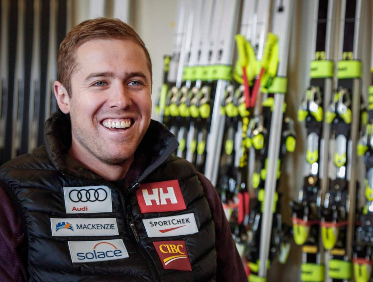 Canadian alpine ski team member Dustin Cook speaks during an interview at Sunshine Village ski resort near Banff, Alta., Wednesday, April 12, 2017.
