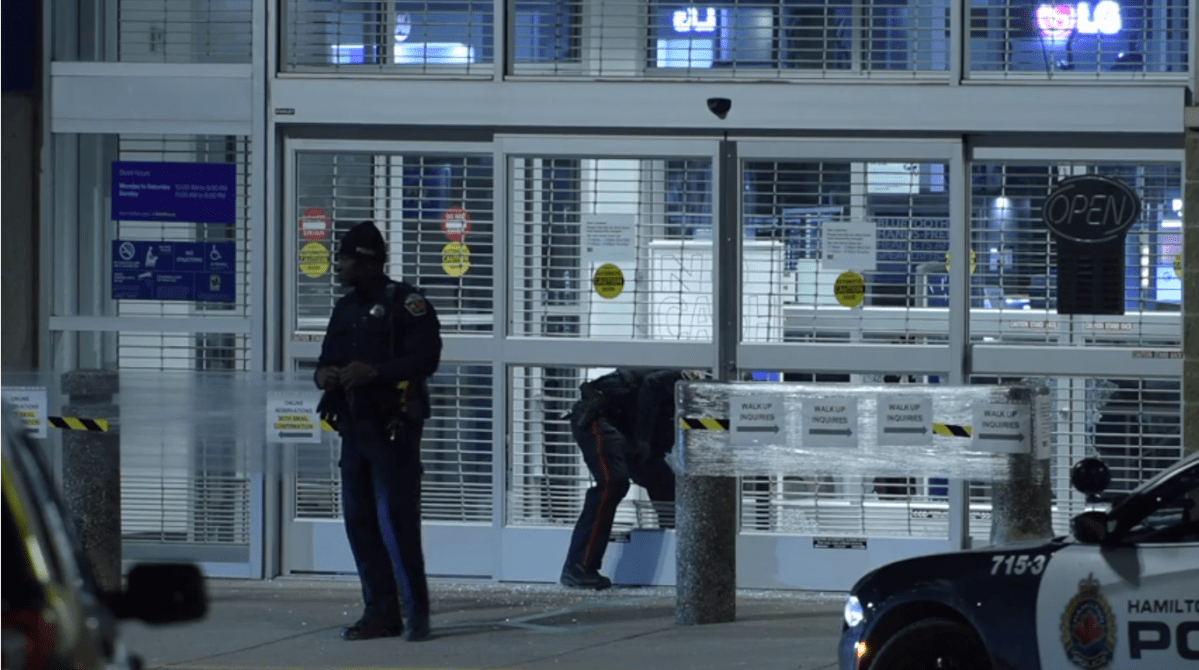 Hamilton police on scene after a break-in at the Best Buy in Ancaster on March 26, 2020.