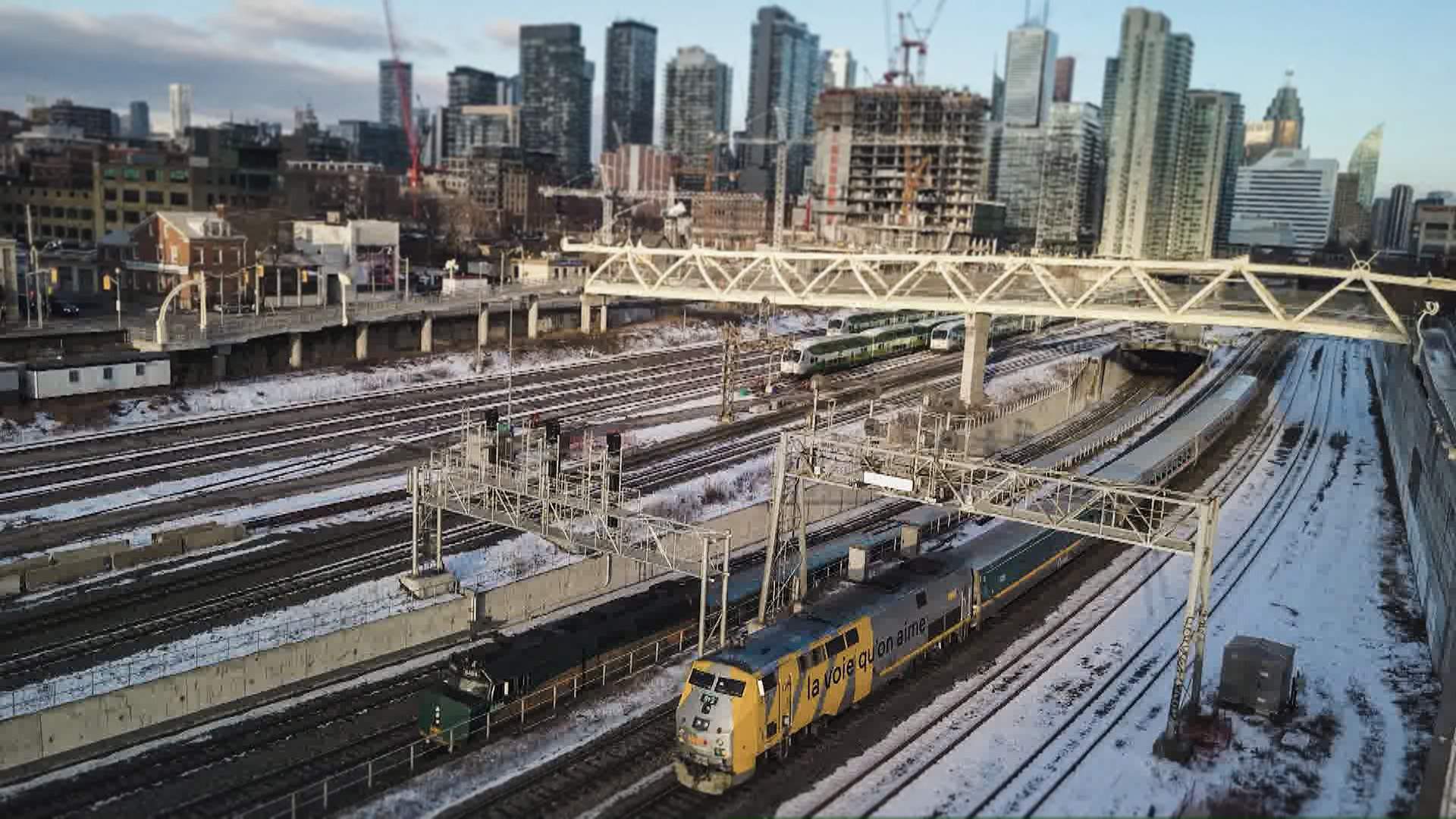 Drone shot of trains near Union Station in Toronto
