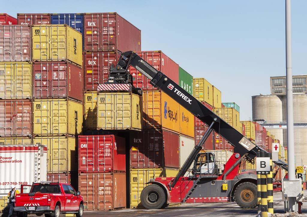 Containers are stacked at the Port of Montreal Friday, March 1, 2019 in Montreal.