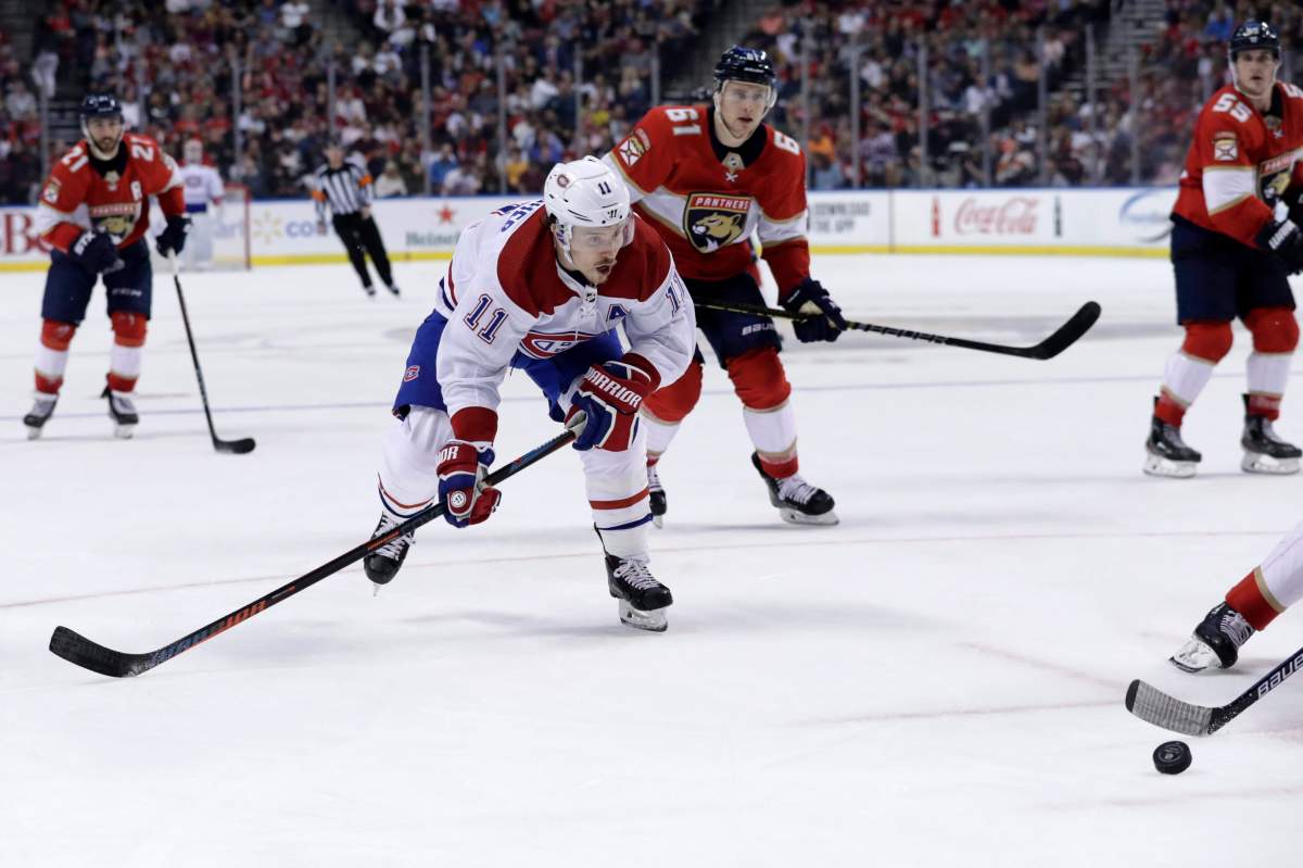 Montreal Canadiens right wing Brendan Gallagher (11) goes for the puck during NHL hockey game against the Florida Panthers. 