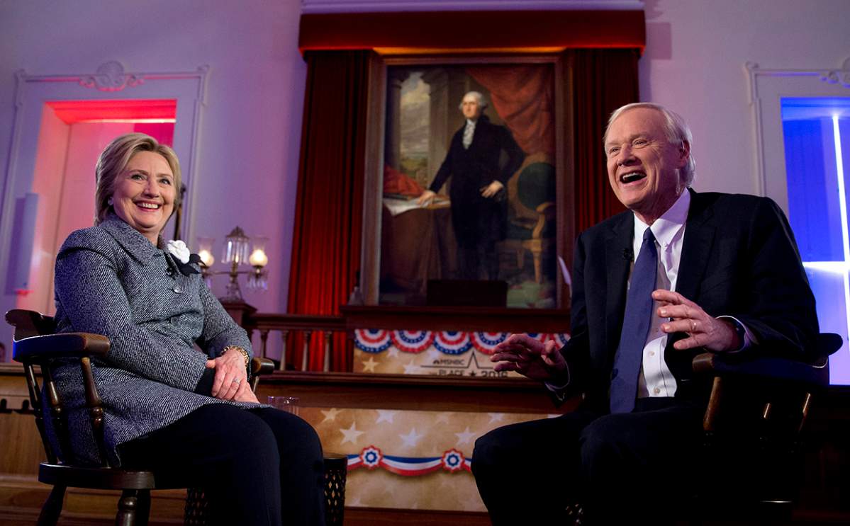 This March 14, 2016 file photo shows Democratic presidential candidate Hillary Clinton, left, and Chris Matthews during a break in taping of a town hall on ‘Hardball with Chris Matthews’ in Springfield, Ill.