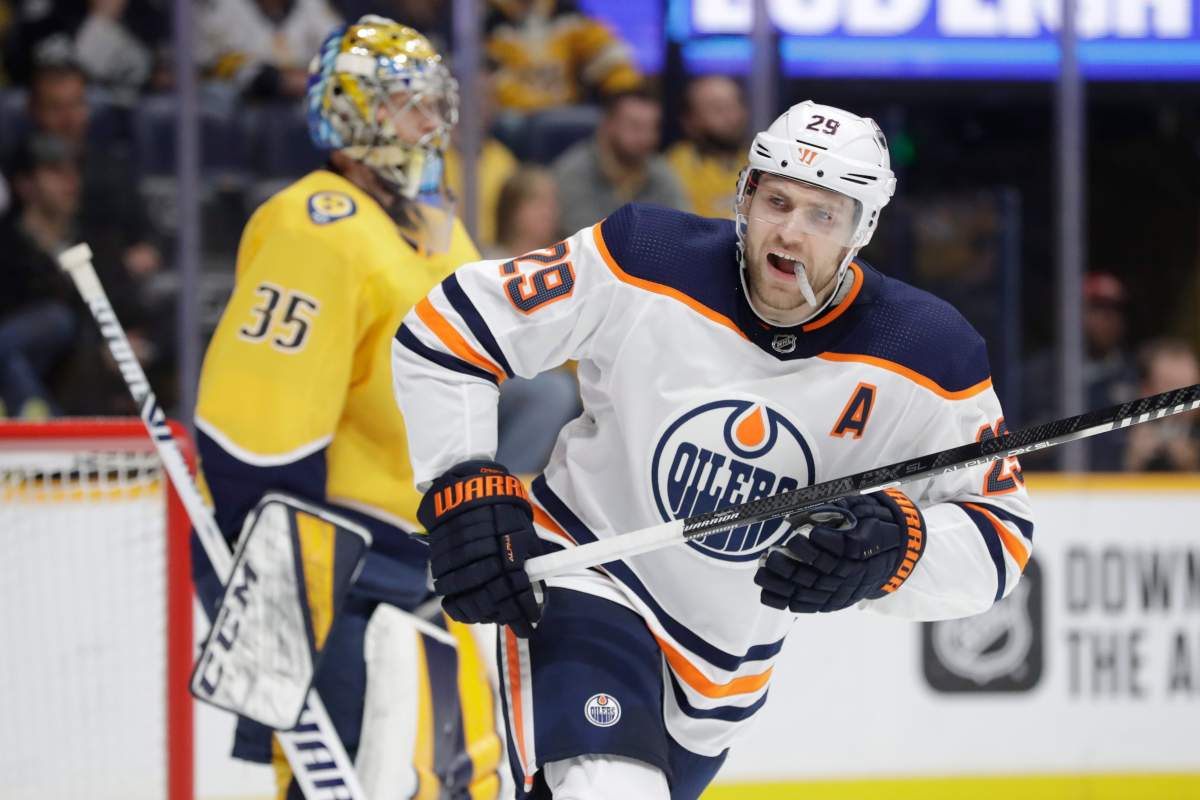 Edmonton Oilers center Leon Draisaitl (29), of Germany, plays against the Nashville Predators in the first period of an NHL hockey game Monday, March 2, 2020, in Nashville, Tenn. Draisaitl scored four goals as the Oilers won 8-3.