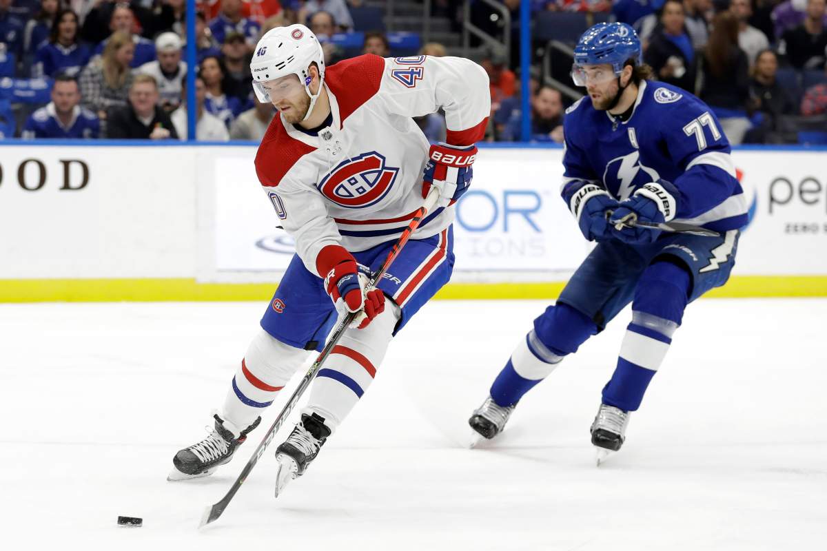 Montreal Canadiens right wing Joel Armia (40) goes in on Tampa Bay Lightning goaltender Andrei Vasilevskiy after getting past Tampa Bay Lightning defenseman Victor Hedman (77) during the first period of an NHL hockey game Thursday, March 5, 2020, in Tampa, Fla. 