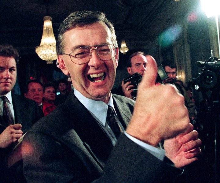 Reform Party Leader Preston Manning flashes a thumbs-up sign after hearing more results on the constitutional question in Calgary on Monday, Oct. 26, 1992.