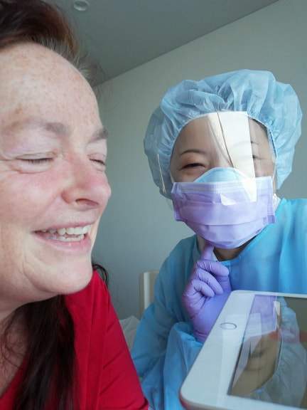 Manon Trudel, left, was treated for COVID-19 in a hospital in Japan.