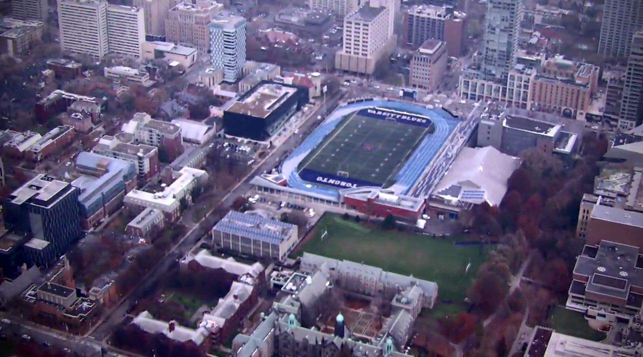 Aerial view of Varsity Stadium in Toronto.
