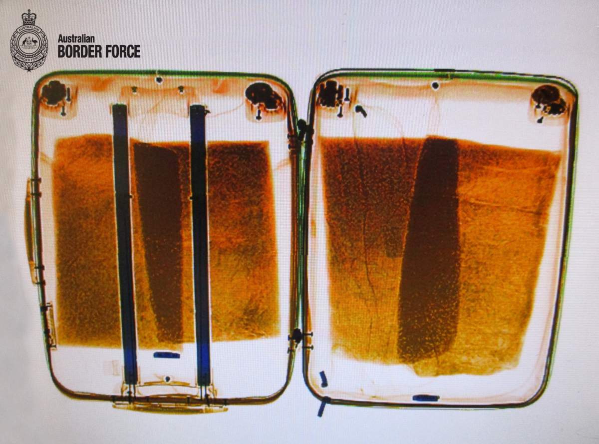 An X-ray image of a suitcase belonging to a Canadian traveller allegedly stuffed with methamphetamine. 