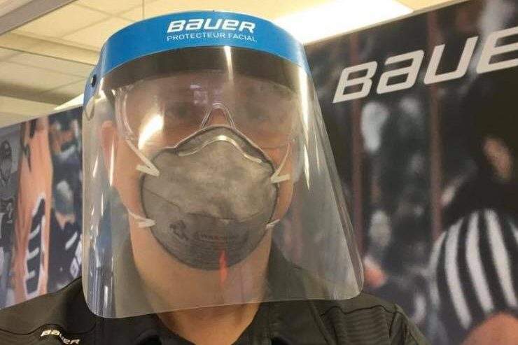 A prototype medical face shield is shown in this image released by Bauer Hockey on March 25, 2020.