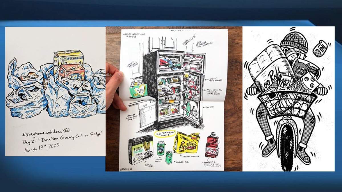 Edmonton-based artist Emily Chu has launched an online sketch club to help support mental health during isolation due to COVID-19. (Art L-R by Kate Broadley, Emily Chu, and Mitchie Dagger).