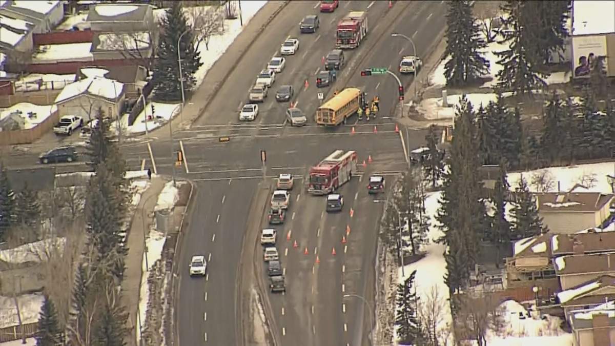 The intersection of Castle Downs Road at 162 Avenue in north Edmonton was closed Wednesday, March 4, 2020 due to a collision involving a school bus.