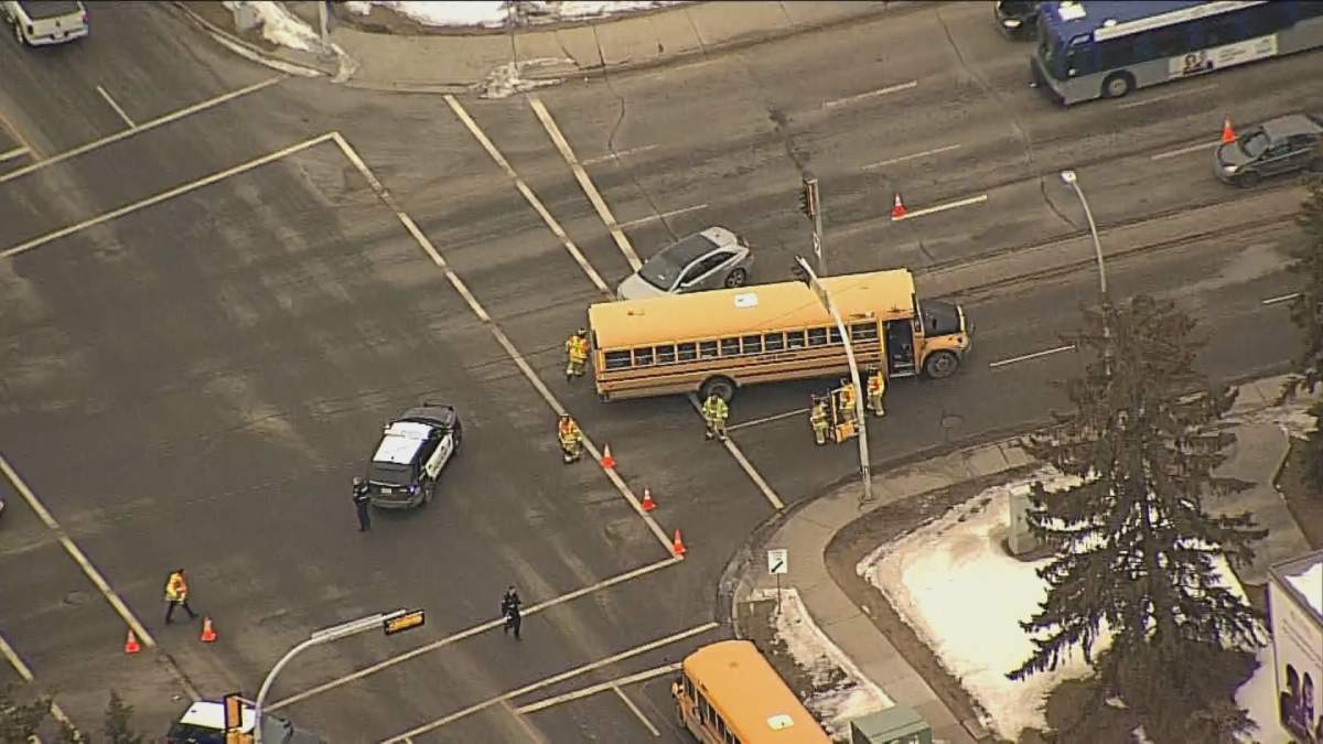 The intersection of Castle Downs Road at 162 Avenue in north Edmonton was closed Wednesday, March 4, 2020 due to a collision involving a school bus.