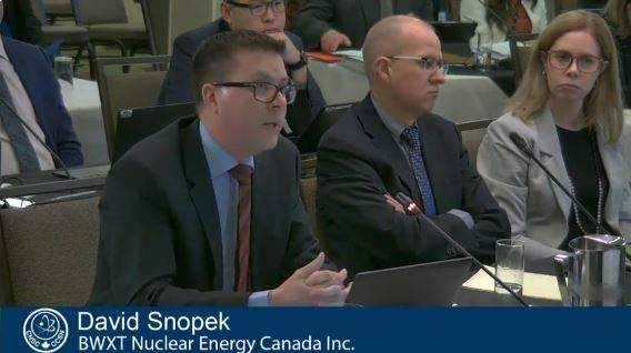 David Snopek of BWXT Nuclear Energy Canada discusses how the company controls uranium emissions during a Canadian Nuclear Safety Commission hearing in Peterborough on Wednesday.
