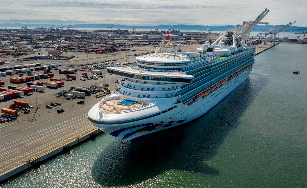 The Grand Princess docks at the Port of Oakland in Oakland, Calif., on Monday, March 9, 2020.