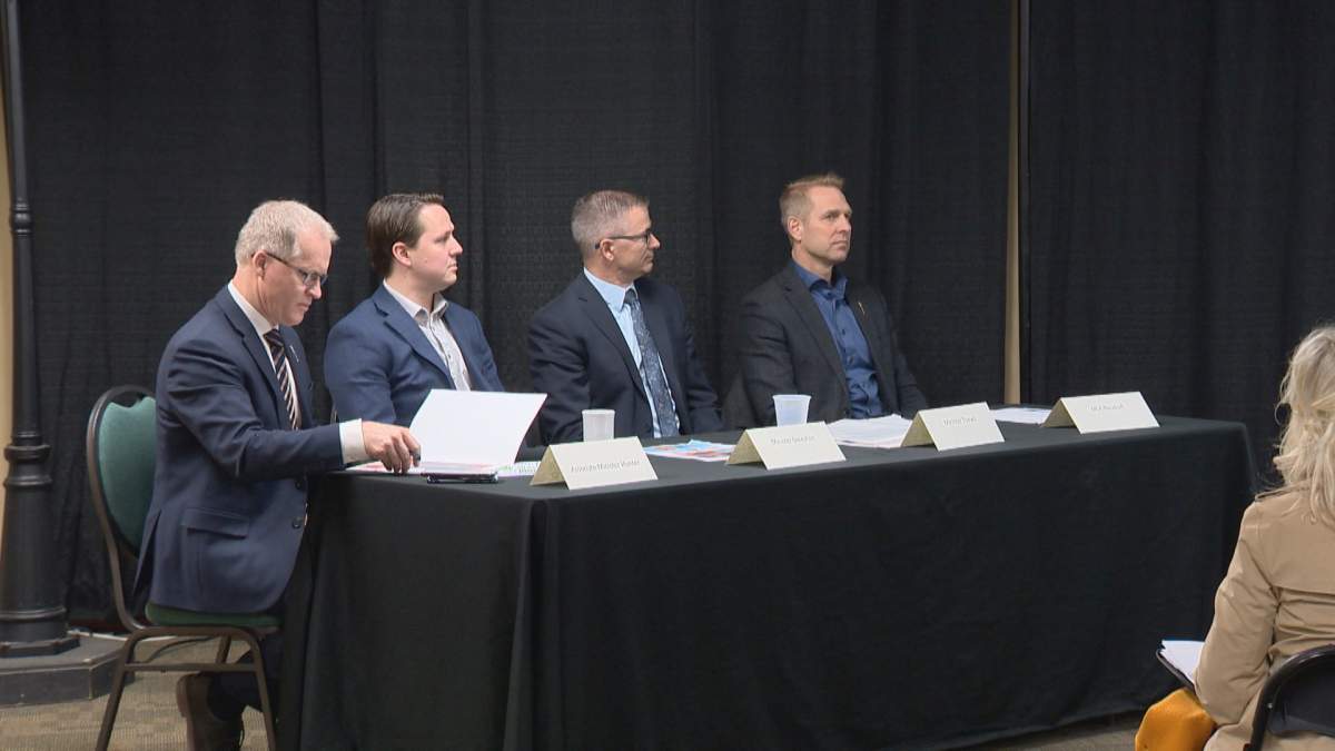 Ministers visit Lethbridge to attend Chamber of Commerce event to talk about the agriculture sector and the budget.  Left to right, Associate Minister of Red Tape Reduction Grant Hunter, Agriculture and Forestry Minister Devin Dreeshen, Finance Minister Travis Toews, and Lethbridge East MLA Nathan Neudorf.