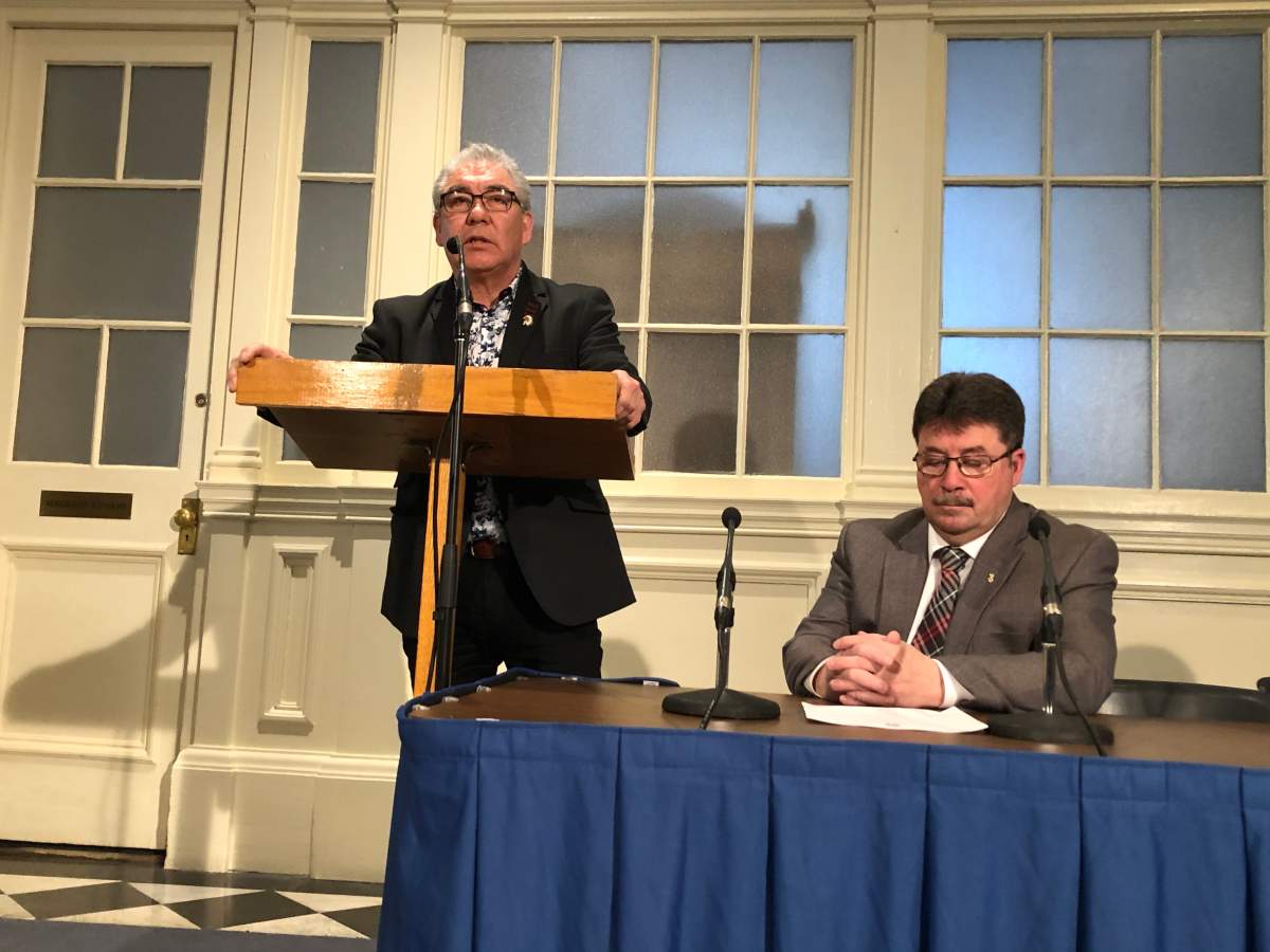Glooscap First Nation Chief Sidney Peters speaks at a funding announcement for the Tawaak Housing Association in Halifax on March 2, 2020.