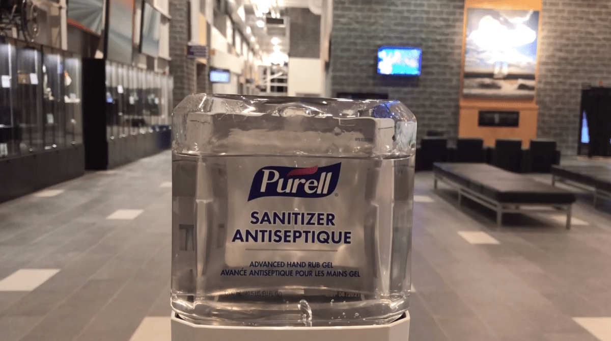 Hand sanitizer at the entrance of the Cobourg Community Centre.