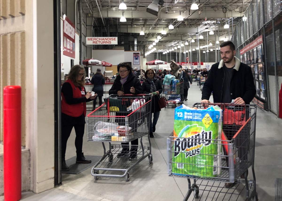 Costco in London Ont. on Wonderland Rd. North filled with customers stocking up due to COVID-19 fear.
