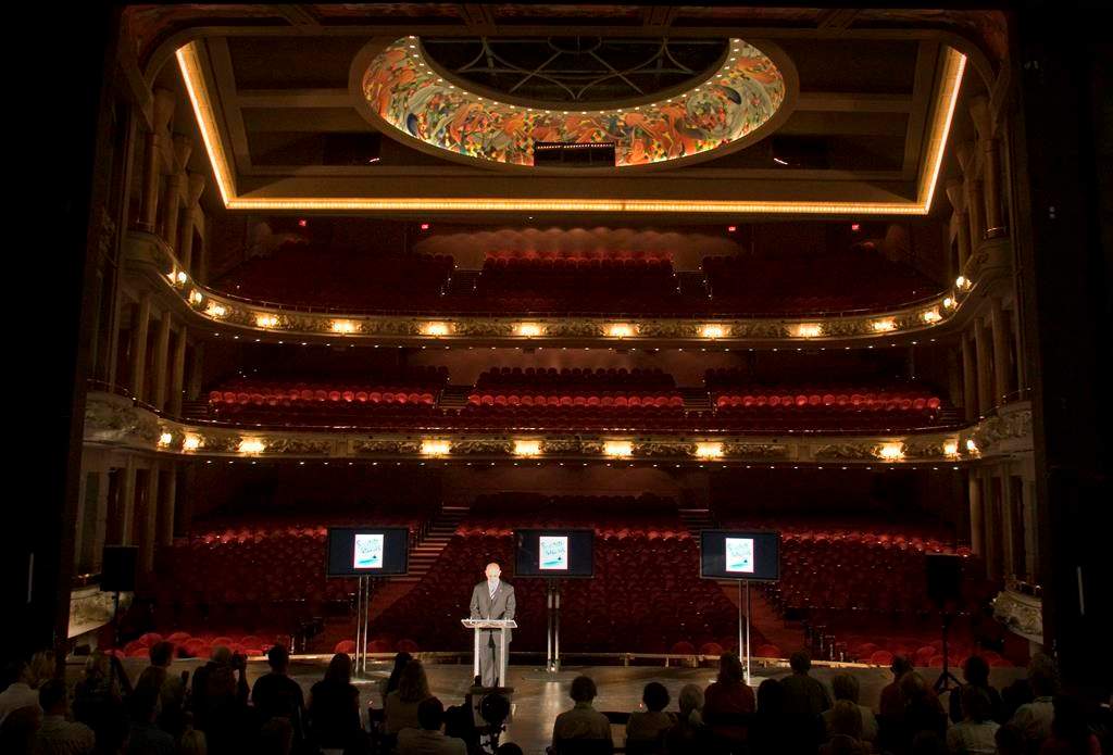 David Mirvish stands on the stage at the Princess of Wales theatre in Toronto, Tuesday Sept. 25, 2007. 