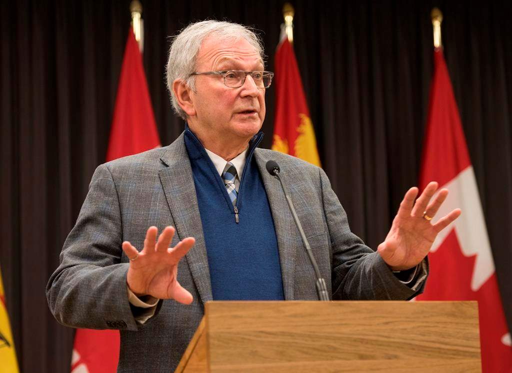 New Brunswick Premier Blaine Higgs speaks with the media in Fredericton, New Brunswick on Monday, February 17, 2020.