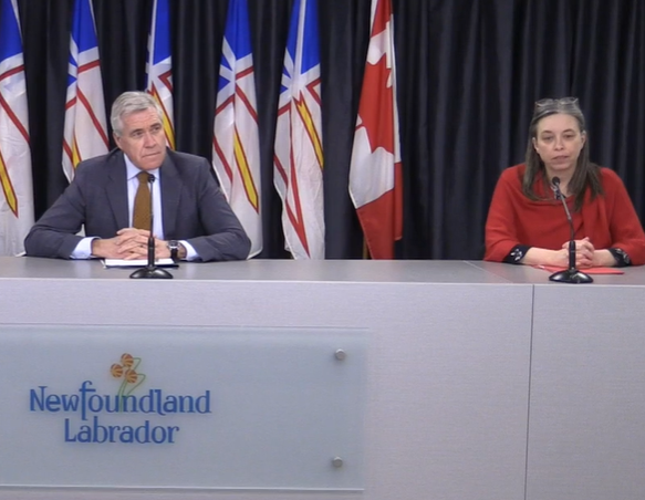 Newfoundland and Labrador Premier Dwight Ball joins Chief Medical Officer of Health Dr. Janice Fitzgerald in a COVID-19 update on March 18, 2020.