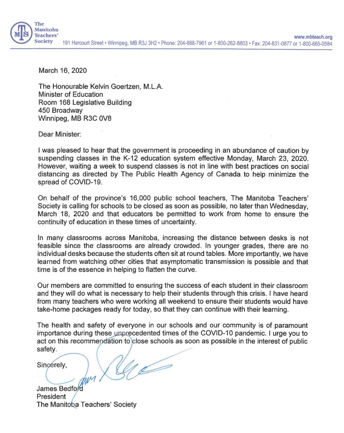 The letter from the Manitoba Teachers’ Society.
