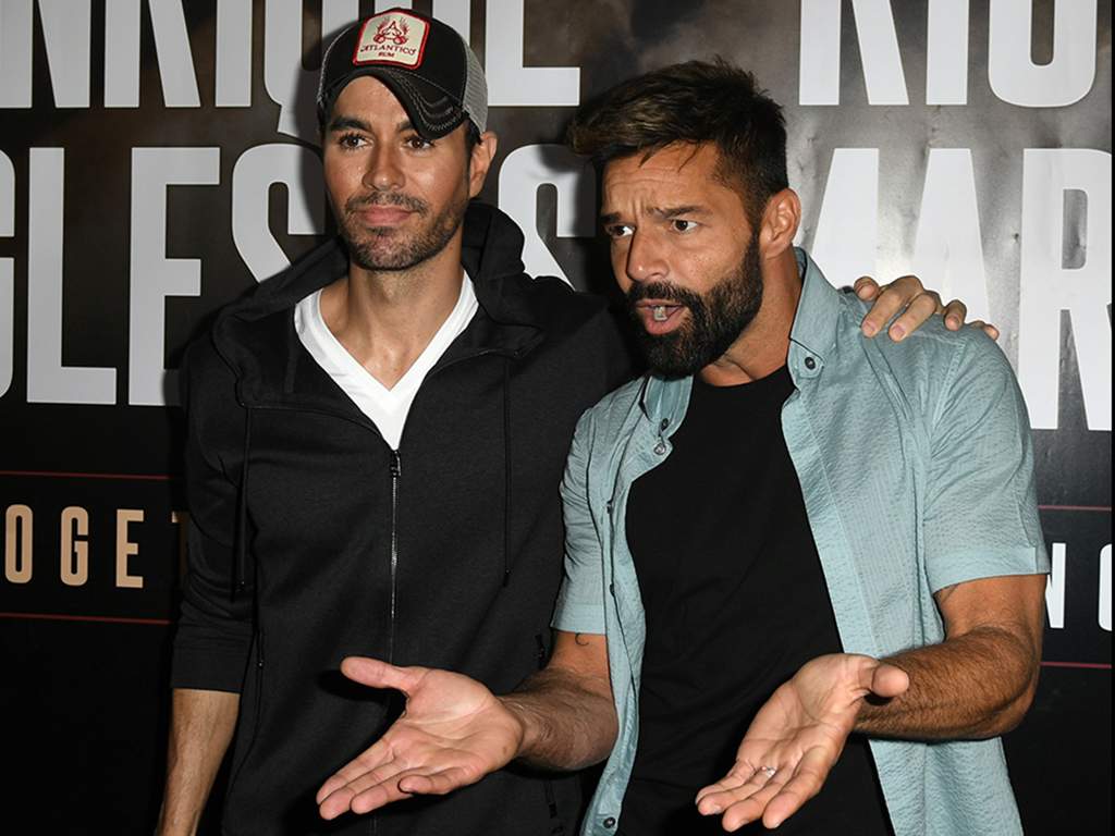 Enrique Iglesias (L) and Ricky Martin hold a press conference at Penthouse at the London West Hollywood on March 4, 2020 in Los Angeles, Calif.