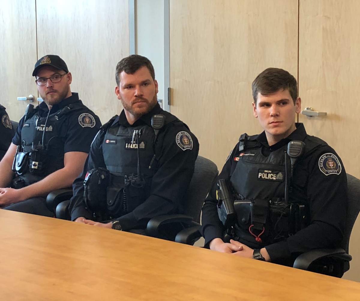 (L-R) Const. Adam Shutsa, Const. Carson Skipper and Const. James Perdicaris will be joining Const. Mark O'Connell and Const. Dan Urbshas as Guelph's downtown resource officers. 
