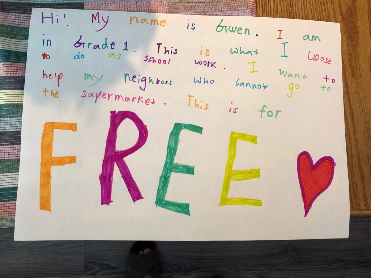 Gwen is offering free art and groceries to put smiles on faces in her neighbourhood.