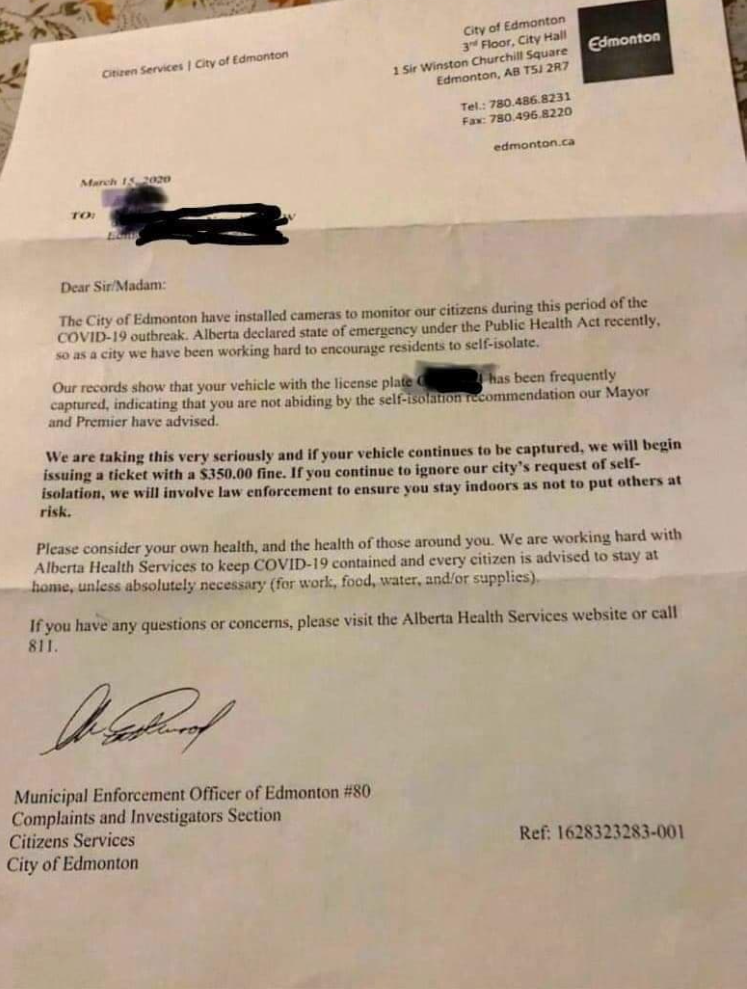 The City of Edmonton says a letter appearing to come from the city about monitoring license plates is a fake.