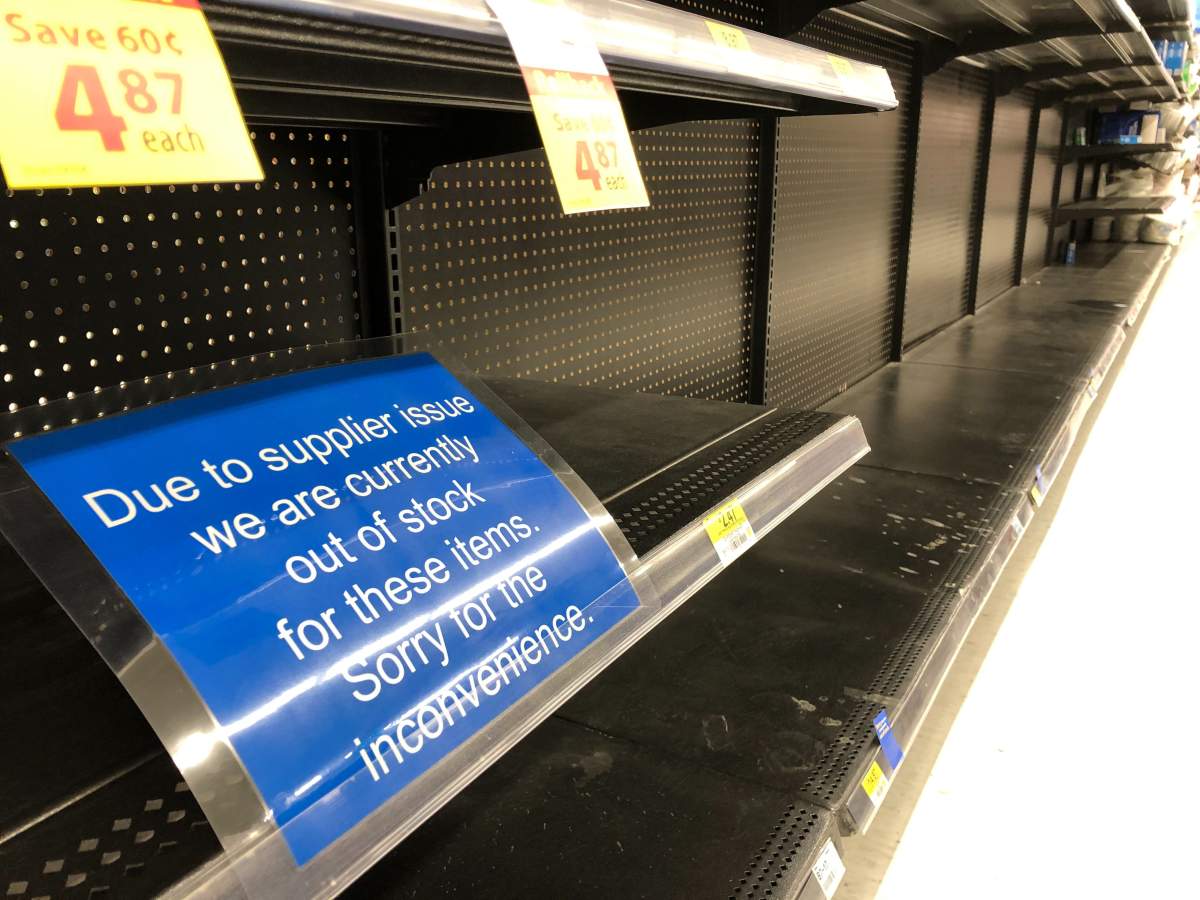 Empty shelves at Kenaston WalMart on Friday.