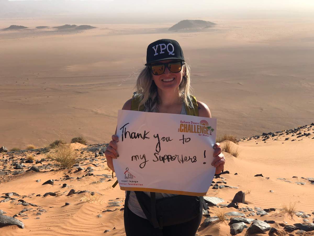 Peterborough realtor Linz Hunt trekked the Sahara Desert in support of the YWCA Crossroads women's shelter in Peterborough in November 2019.