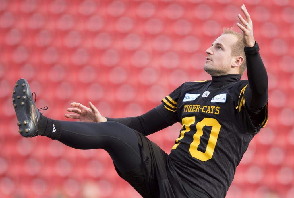 Hamilton Tiger-Cats Lirim Hajrullahu is seen during a practice prior to the 107th Grey Cup in Calgary on November 23, 2019. The COVID-19 pandemic has put Lirim Hajrullahu's NFL aspirations on hold. The former Hamilton Tiger-Cat participated in a free-agent camp March 8 and garnered attention from at least four NFL teams. But with NFL facilities closed and travel suspended because of the novel coronavirus, the resident of Oakville, Ont., is trying to stay patient for his opportunity to audition in private workouts. THE CANADIAN PRESS/Nathan Denette.