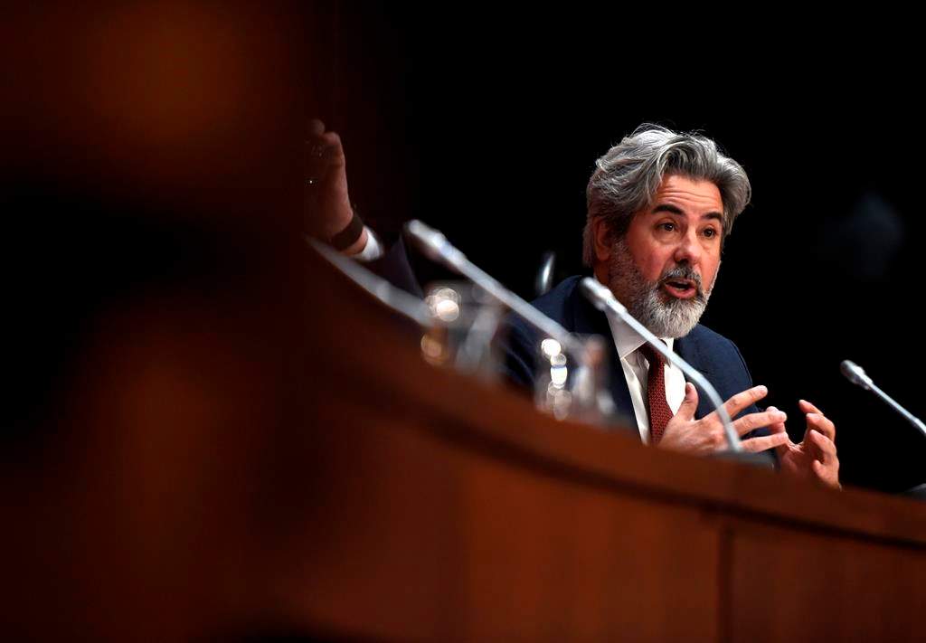 Leader of the Government in the House of Commons Pablo Rodriguez speaks at a press conference on COVID-19, at West Block on Parliament Hill in Ottawa, on Wednesday, March 18, 2020. THE CANADIAN PRESS/Justin Tang.