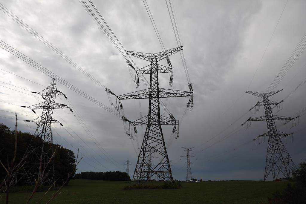 Hydro One electricity transmission lines are seen south of Chesley, Ont., on Sunday, Sept. 29, 2019.