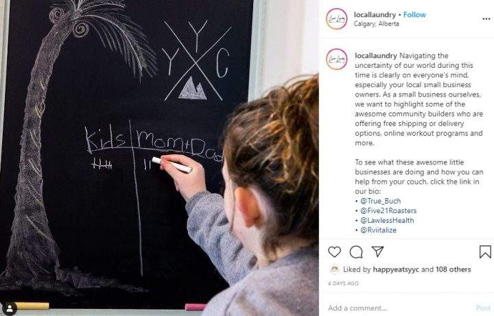 Local Laundry took to Instagram to highlight businesses in Calgary offering delivery services during the COVID-19 outbreak.