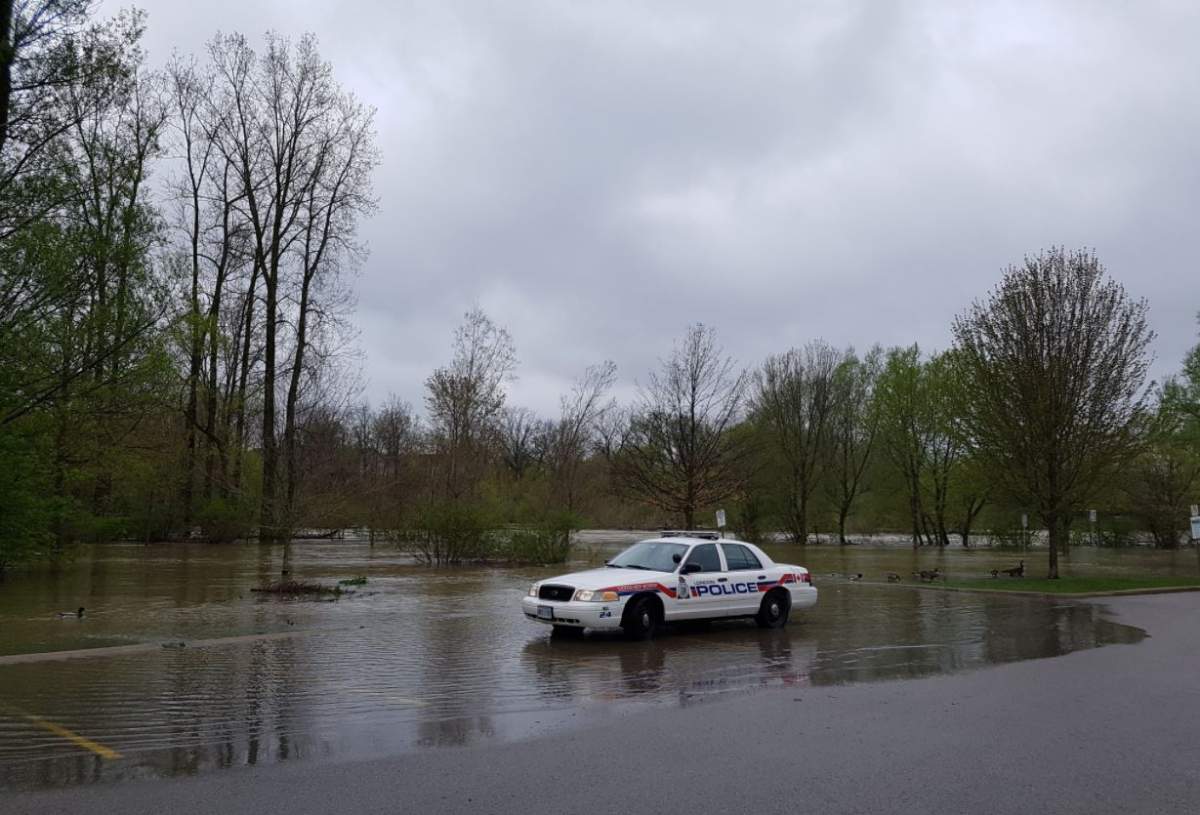 London police say Tuesday morning's wet conditions will make for slippery banks around local waterways.