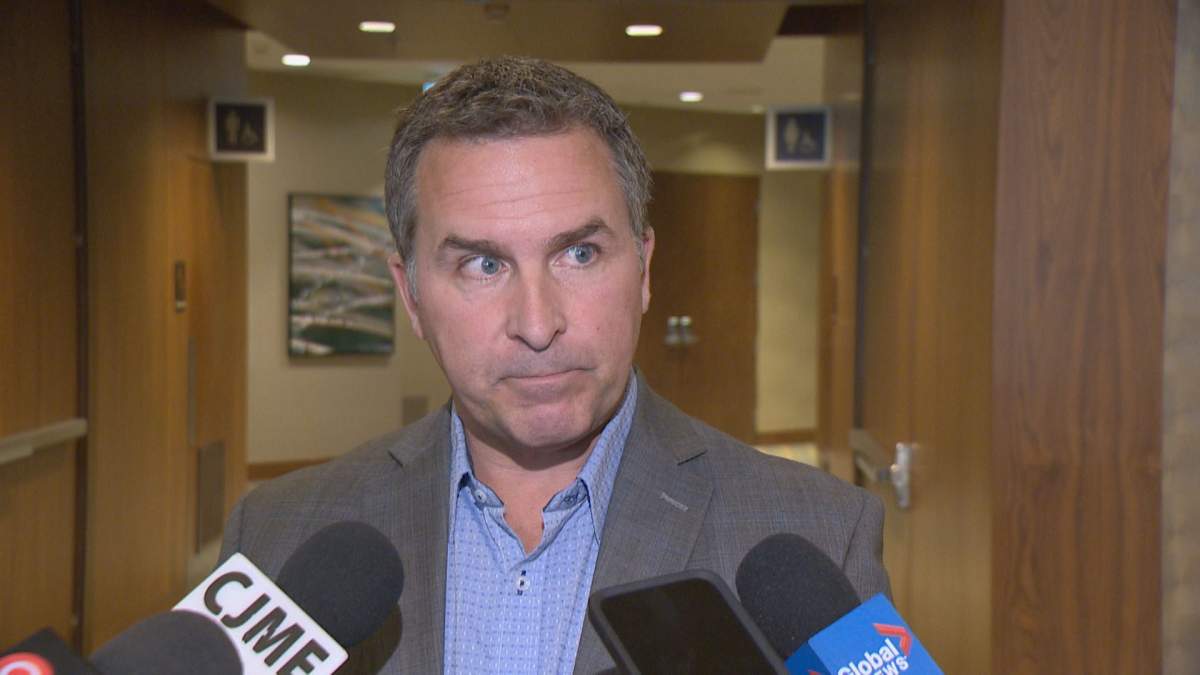 Saskatchewan Teachers' Federation president Patrick Maze speaks with reporters after hearing an offer for more classroom resources from the education minister on Mar. 5, 2020. 