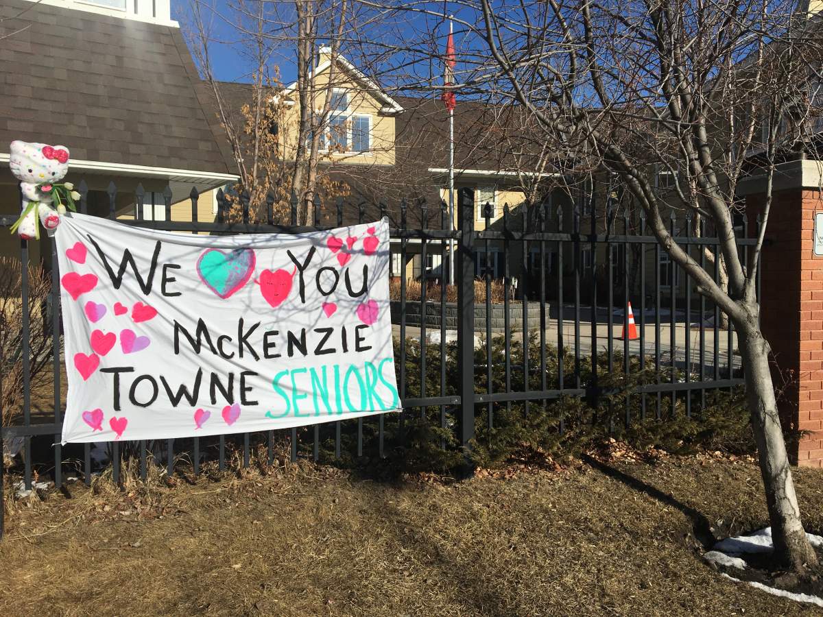 A message of kindness toward the residents of the McKenzie Towne Continuing Care Centre is seen hear the facility.