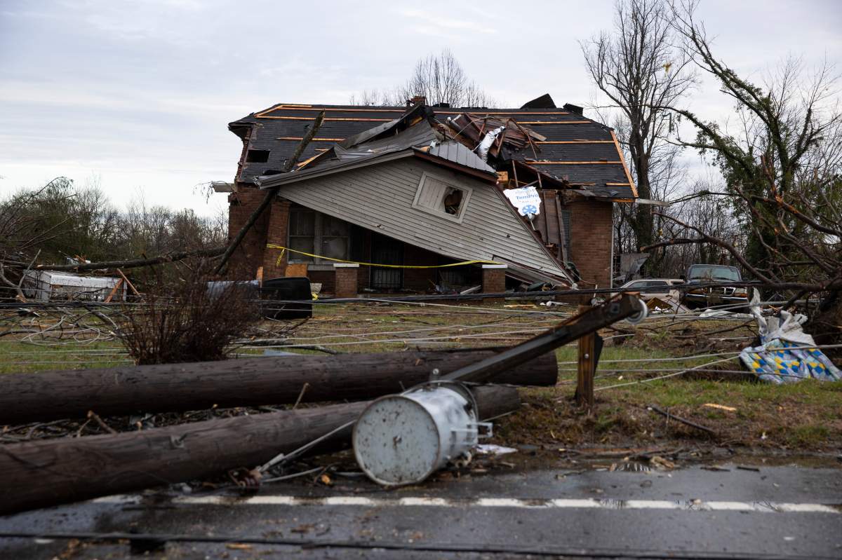 A home is shown destroyed by high winds from one of several tornadoes that tore through the state overnight on March 3, 2020 in Cookeville, Tennessee.