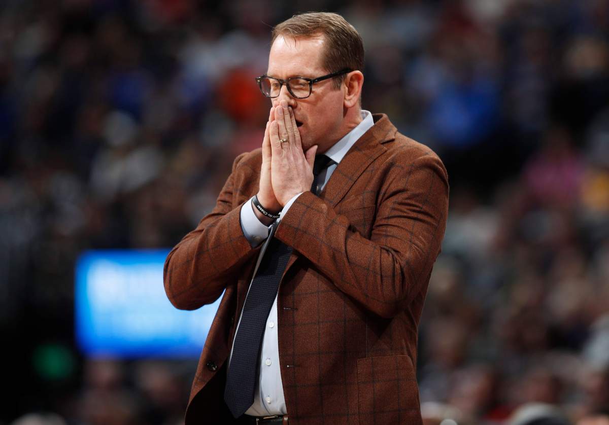 Toronto Raptors head coach Nick Nurse reacts in the first half of an NBA basketball game against the Denver Nuggets, Sunday, March 1, 2020.